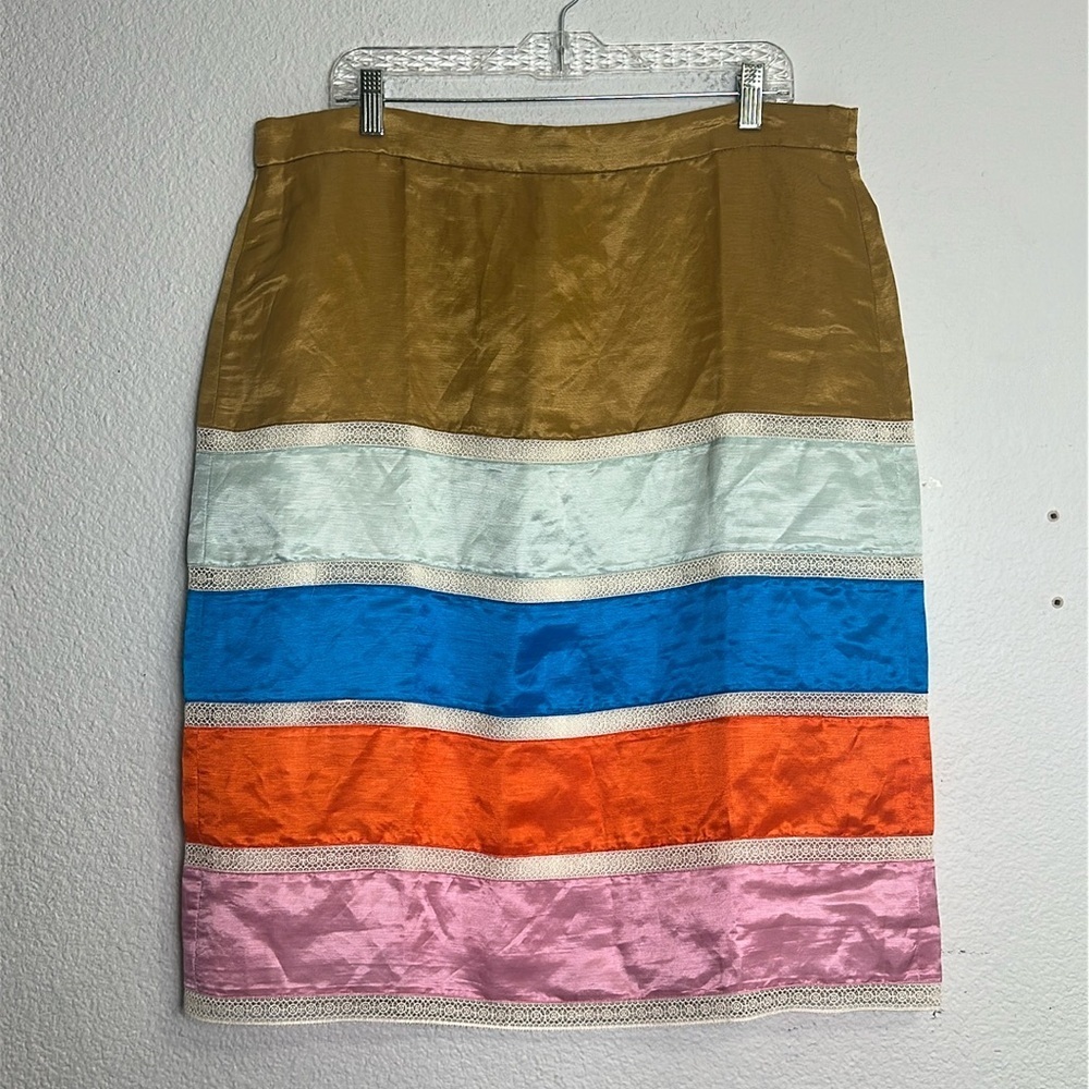 J Crew Crochet Satin Ribbon Skirt In Colorblock Linen Blend Womens Size 16 - Picture 1 of 10